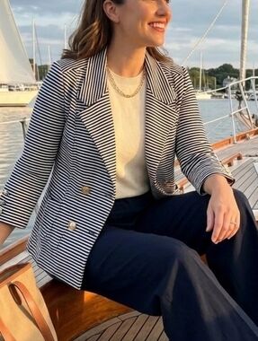 CAbi Women Black and White Striped Double-Breasted 3/4 Sleeves Jacket Size M